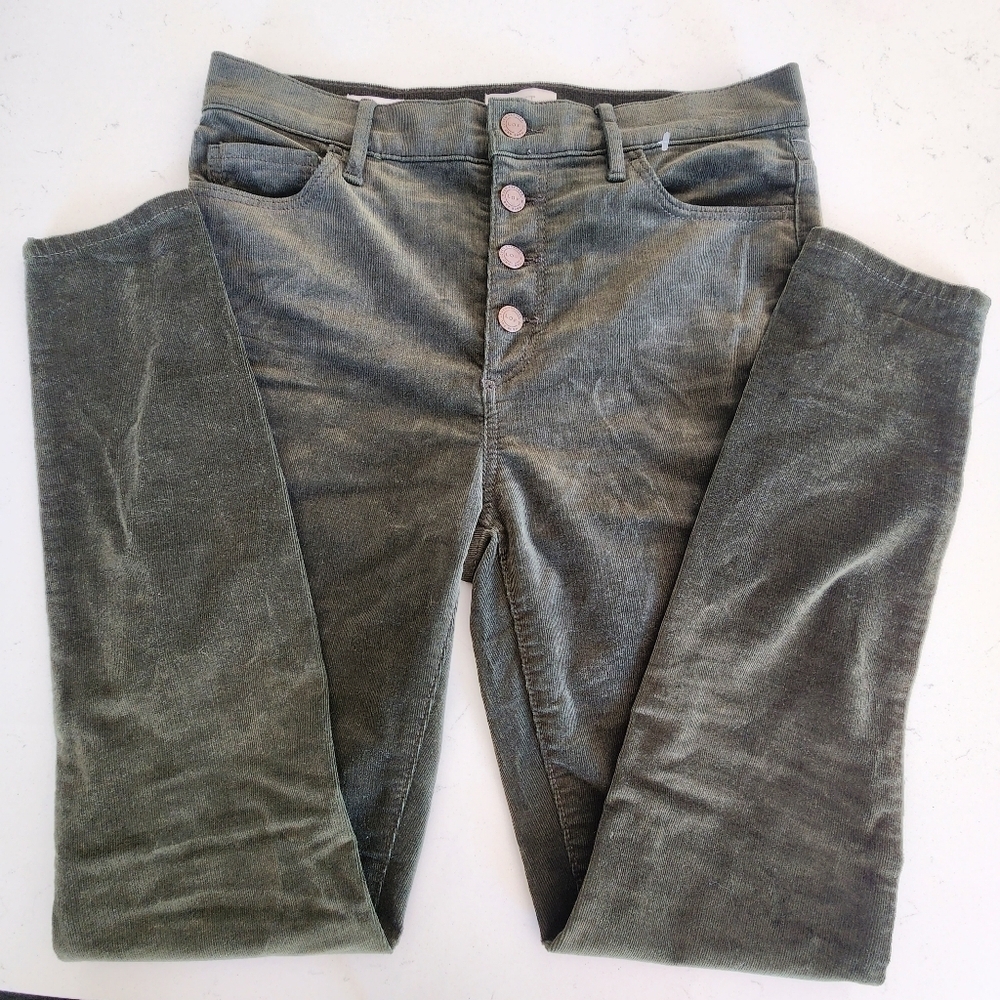 LOFT CORDUROY PANTS HIGH RISE SKINNY LEG FOREST GREEN Women's Size 6 Button Fly